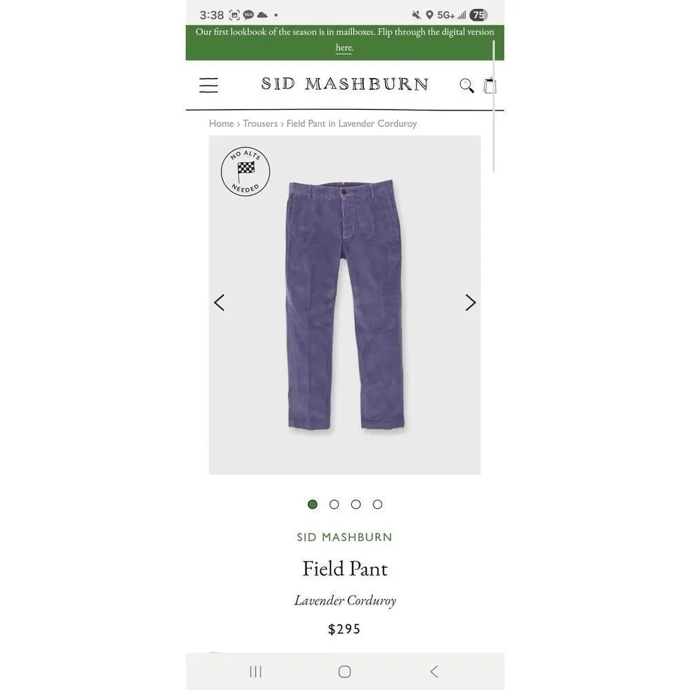 SID MASHBURN Field Pant Lavender Corduroy 31/32 $295